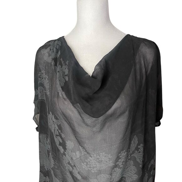 Citron Collection Medium Silk Blouse Black Gray Print Cap Sleeve Top Cowl - Picture 6 of 11